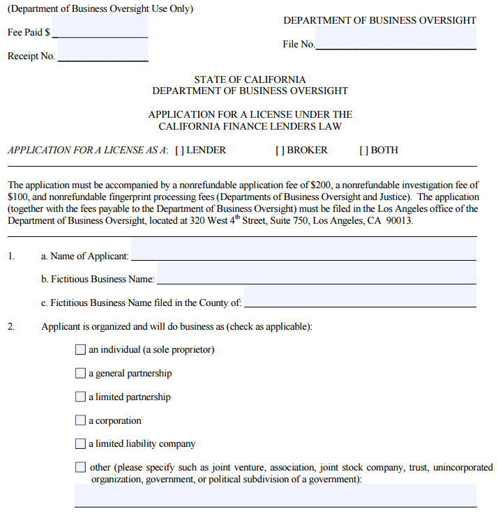 California Lending License Application