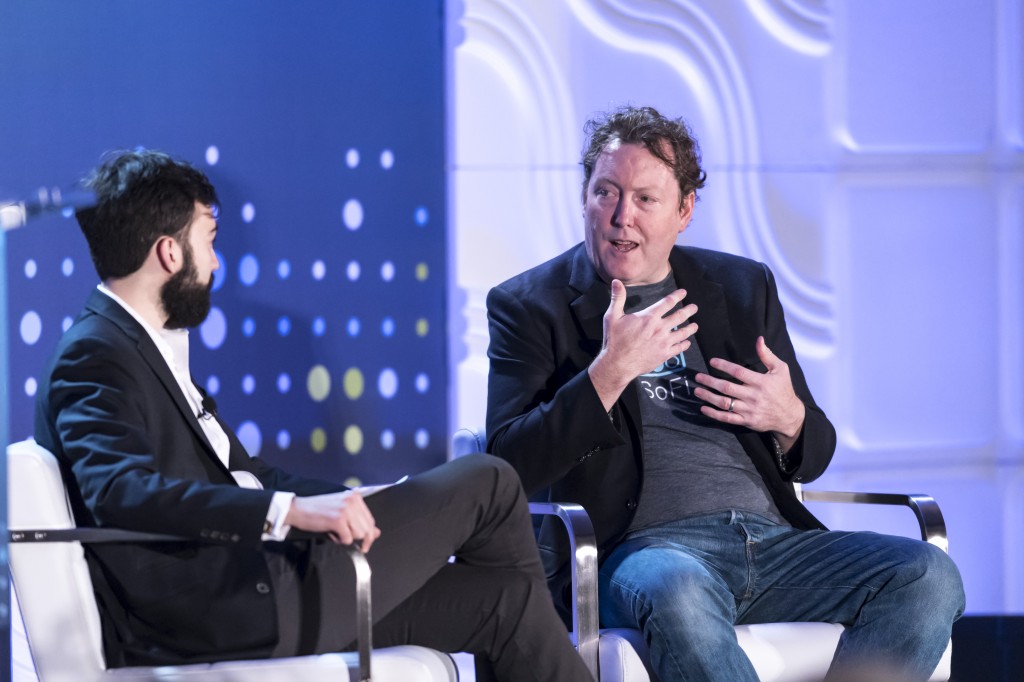 Fireside Chat with Mike Cagney of SoFI, moderated by Tellis Demos of the Wall Street Journal, at the LendIt USA 2016 conference in San Francisco, California, USA on April 12, 2016. (photo by Gabe Palacio)