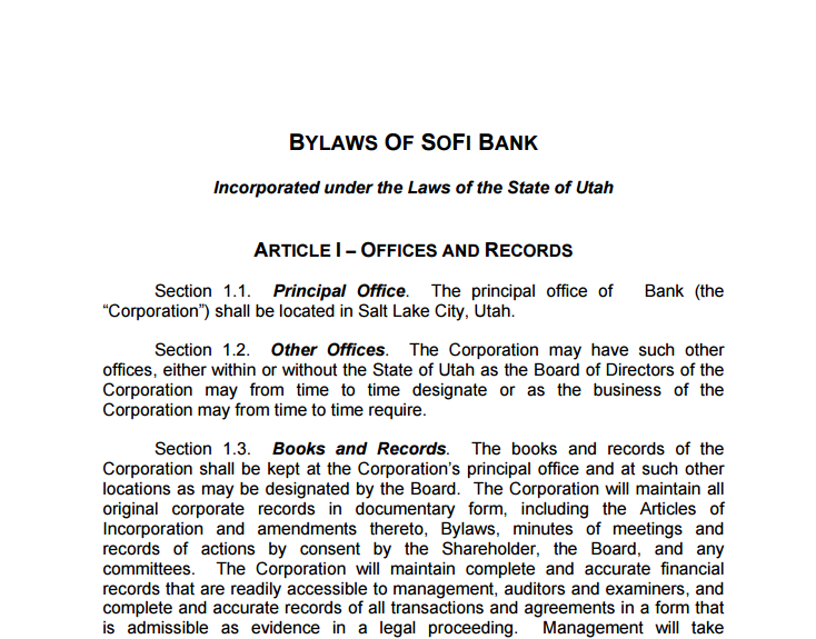 sofi bank bylaws