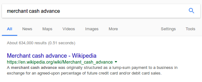 A search for merchant cash advance returns no paid ads