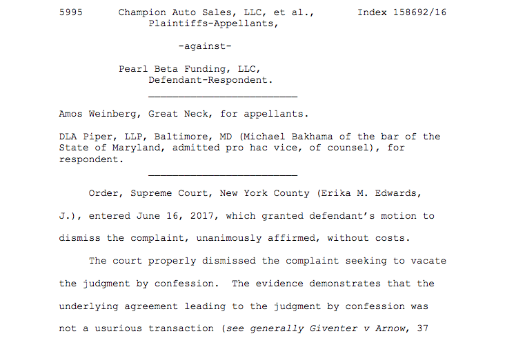 Champion Auto Sales, LLC et al. v  Pearl Beta Funding, LLC