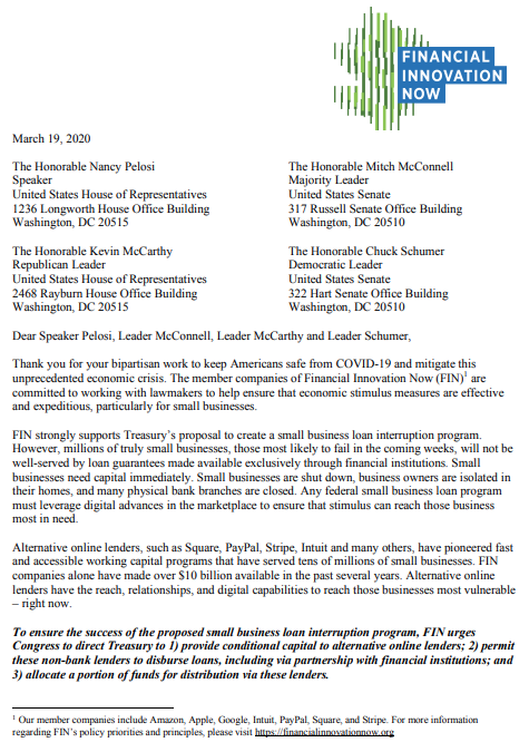 financial innovation now letter to congress