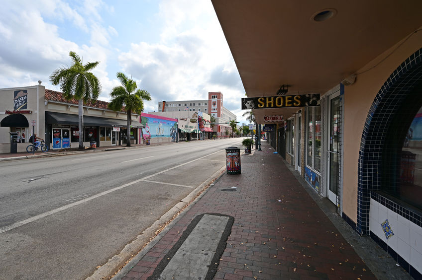 Calle Ocho - Eigth Street - in Miami, Florida under coronavirus hotel, bar and restaurant closures.